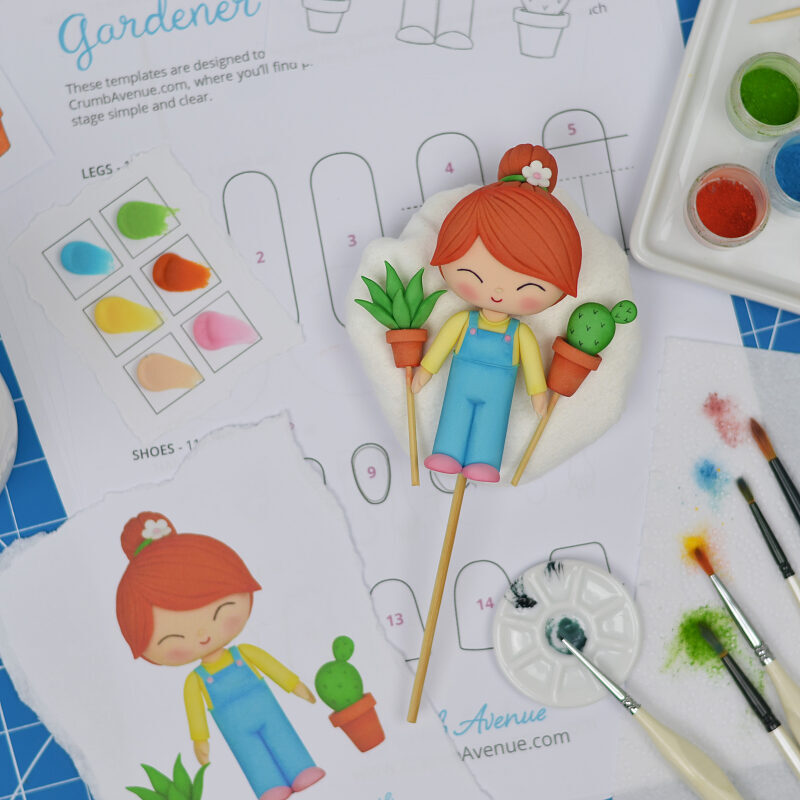 Fondant Gardener Girl Cake Topper Tutorial with Templates - Detail View