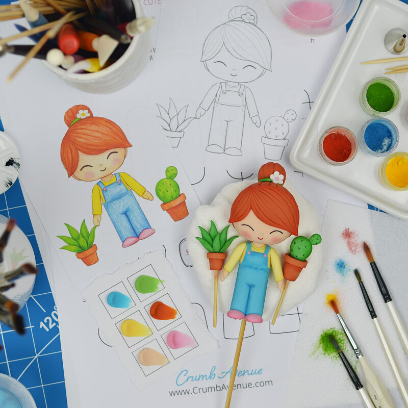 Fondant Gardener Girl Cake Topper Tutorial with Templates - Tutorial Preview