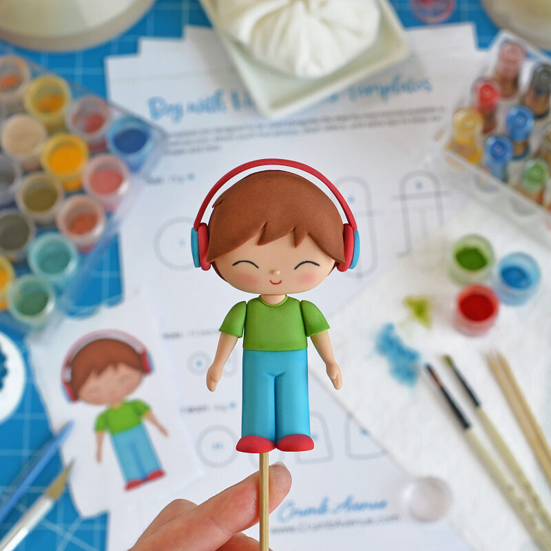 Fondant Boy with Headphones Cake Topper Tutorial + Templates - Tutorial Preview